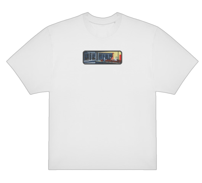 T-shirt brodé avec le tableau Nighthawks d’Edward Hopper – broderie artistique sur t-shirt blanc unisexe”
